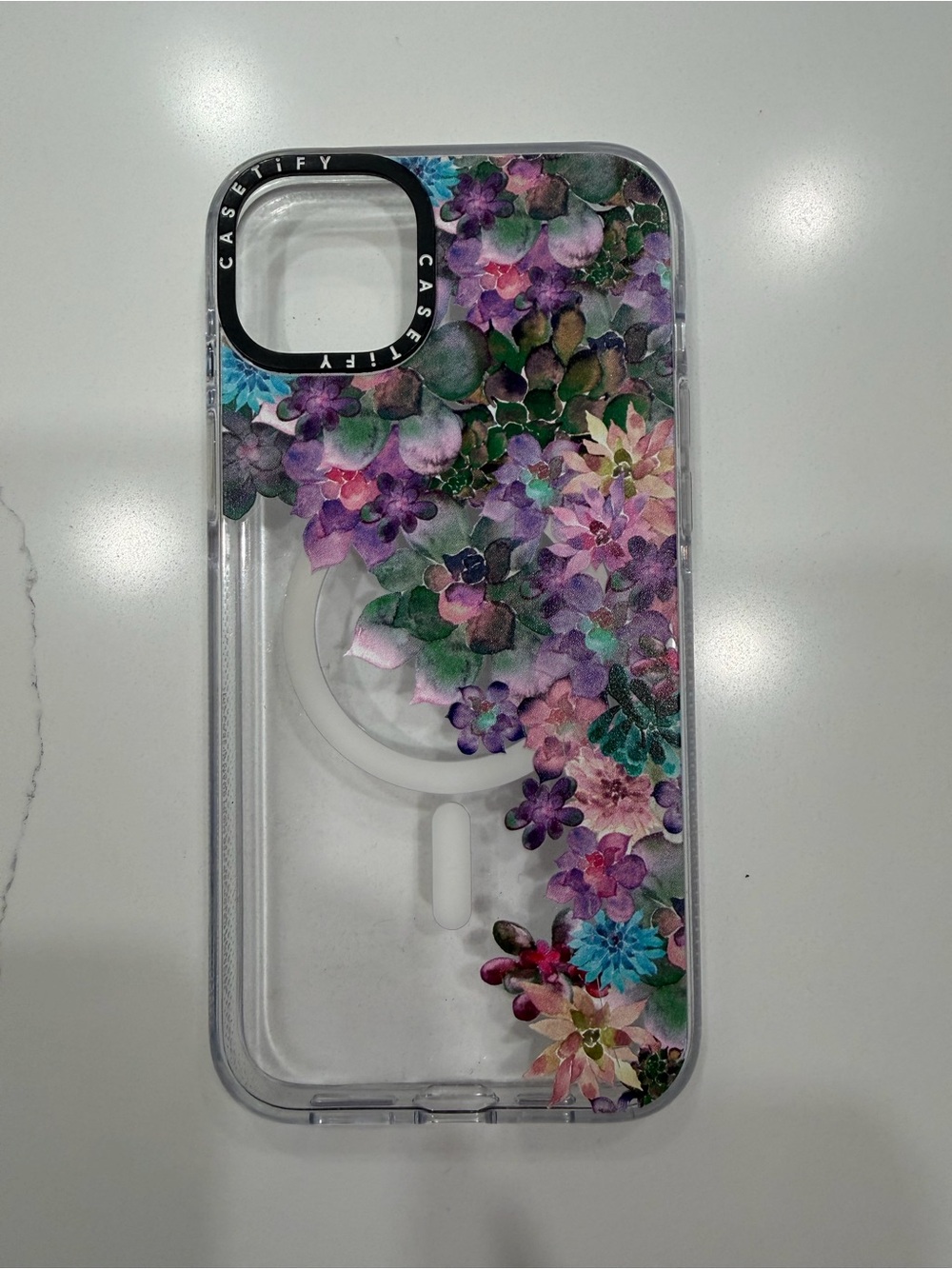 Casetify Clear Floral MagSafe Case — Purple, Green, Teal Accents